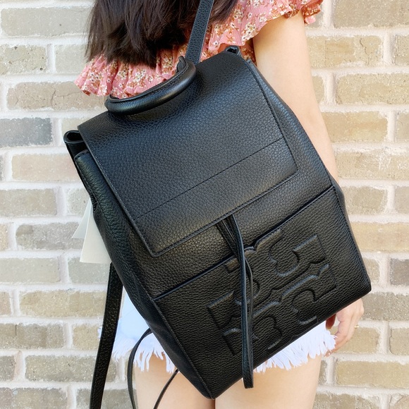 Tory Burch Bombe T Flap Leather Backpack Black - Picture 3 of 7